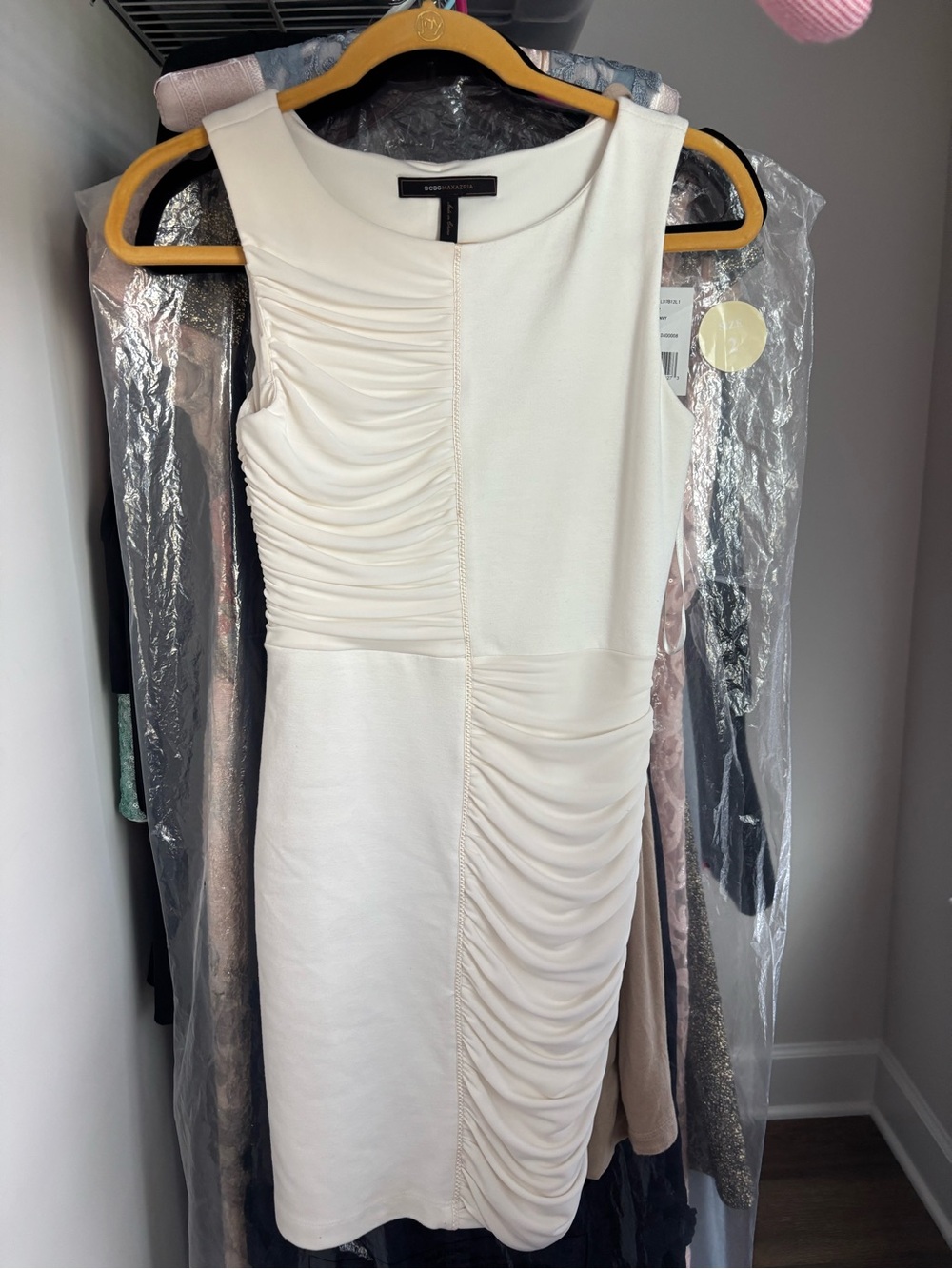 BCBGMaxAzria Ivory Ruched Midi Sheath Dress